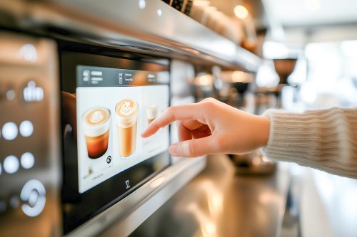 A close-up photo of a hand selecting a coffee menu item on a cafe kiosk screen. The image captures a finger gently touching the display, with a minimalistic and bright background. Simple, clean composition focusing on the touchscreen interaction, with a modern and streamlined look --ar 3:2 --style raw --stylize 300 --v 6.1 Job ID: 7391e424-cd88-4772-89f8-d2e3360036d3